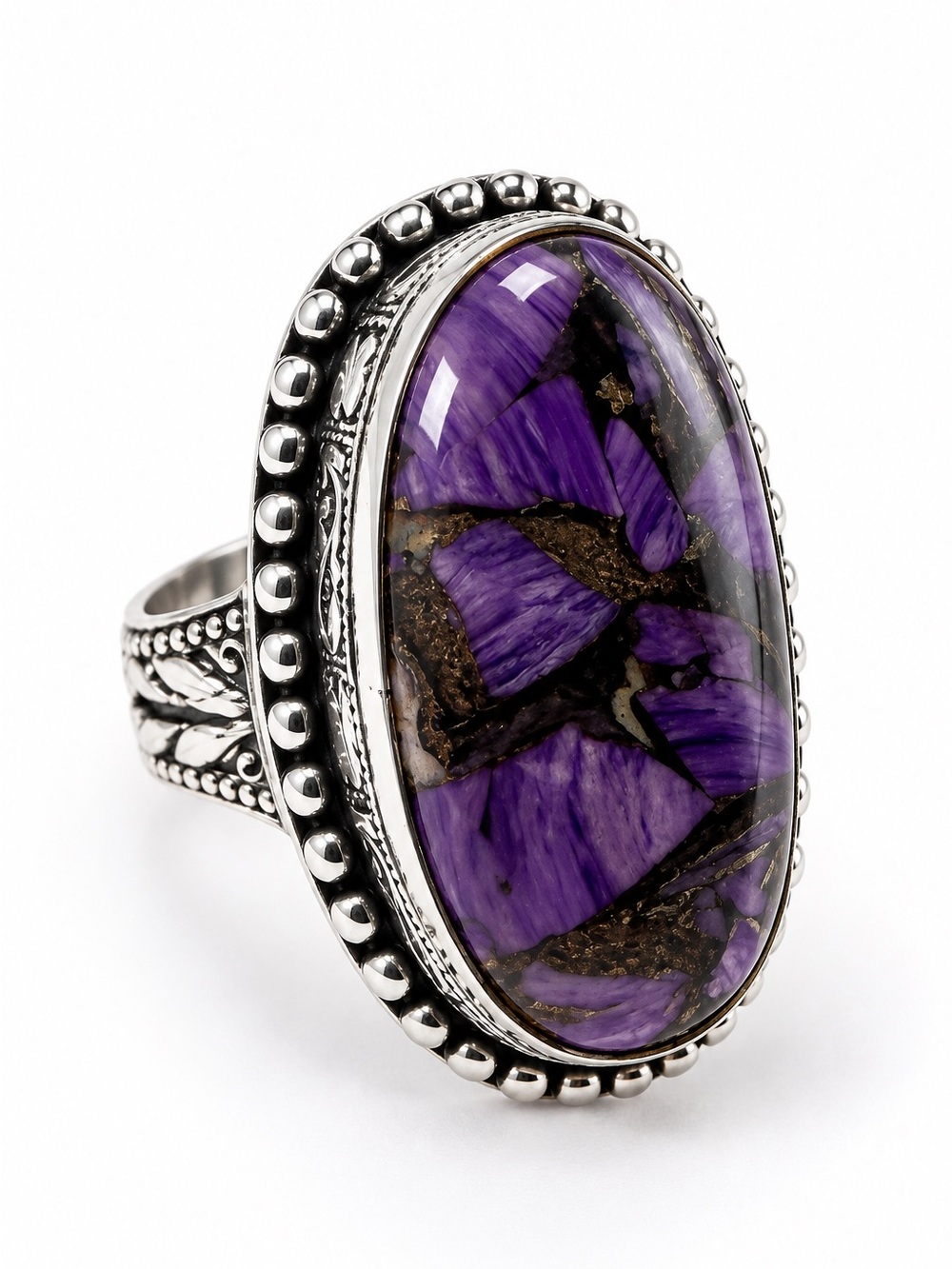 925 Sterling Silver Purple Copper Turquoise Oval Statement Ring. Size 6